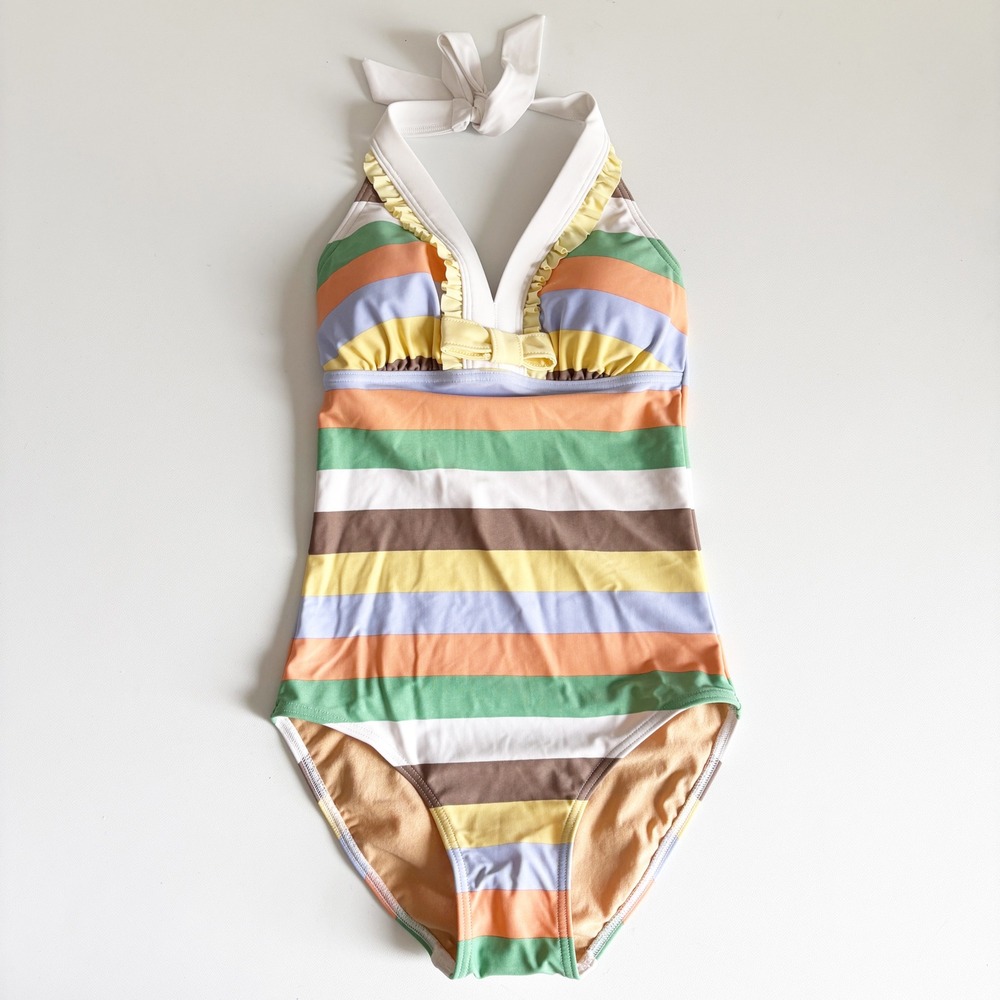 Modcloth Modbe Womens Pastel Stripe Retro Ruffle Halter One Piece Swimsuit XS